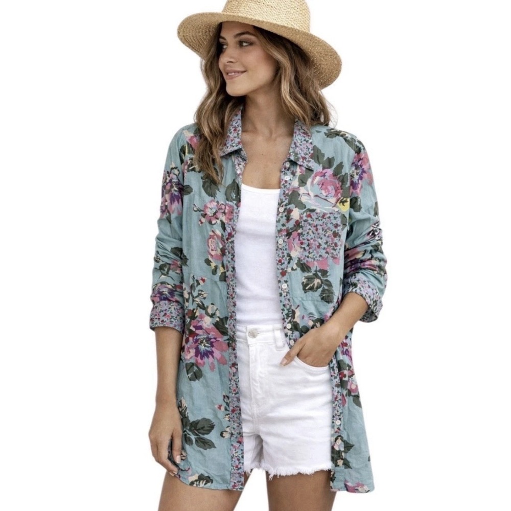 Soft Surroundings Button Down Tunic Shirt Size PM Floral‎ Scattered Roses *READ*